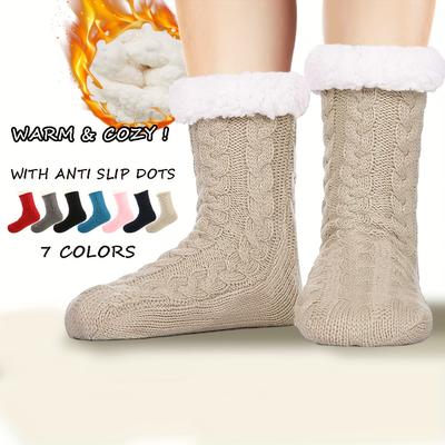 1 Pair of Women's Thick Plush Warm Floor Socks Braided Cozy Winter Casual Yoga Socks with Grips for Home Indoor Slippers Women