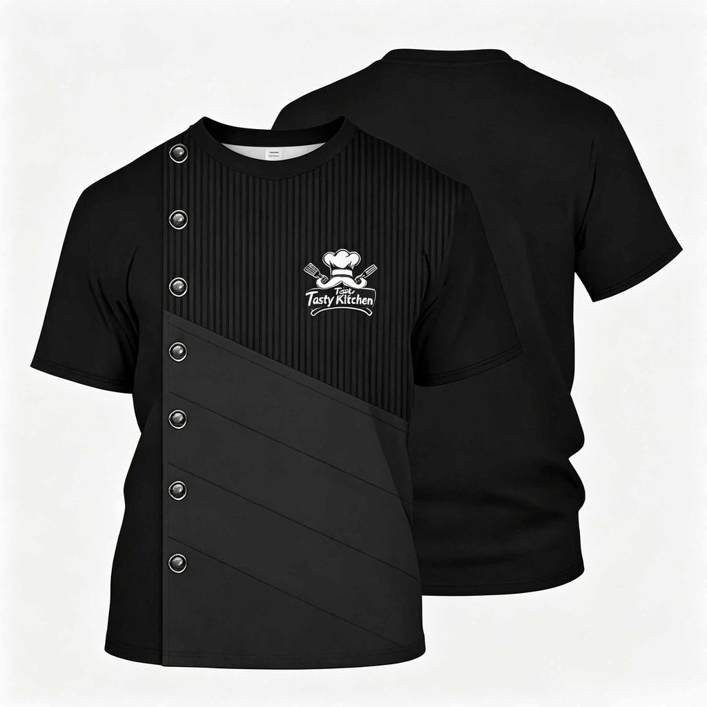 Męska koszulka z krótkim rękawem, styl haftu z nadrukiem, koszulka z logo uniformu kuchennego dla personelu kuchennego restauracji, hotelu