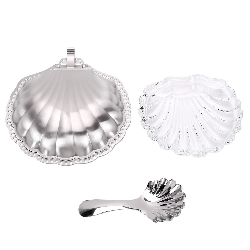 Shell Dish with Spoon Set 304 Stainless Steel Glass Inner Plate for Butter Salad Dressing Easy Cleaning Multi