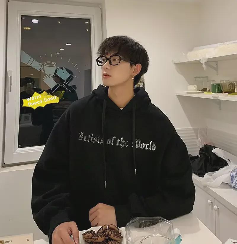 "Trendy Men's American-Style Hooded Sweatshirt - Autumn/Winter Velvet, Loose Fit, Casual Jacket for Teens"