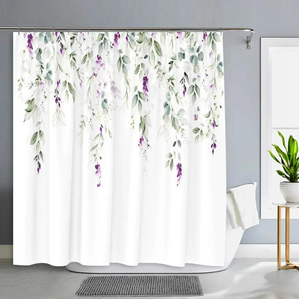 Popular Spring Flower Plant Shower Curtain Pink Cherry Blossom Flowers Butterfly Plant Landscape Bath Curtain Art Bathroom Decor
