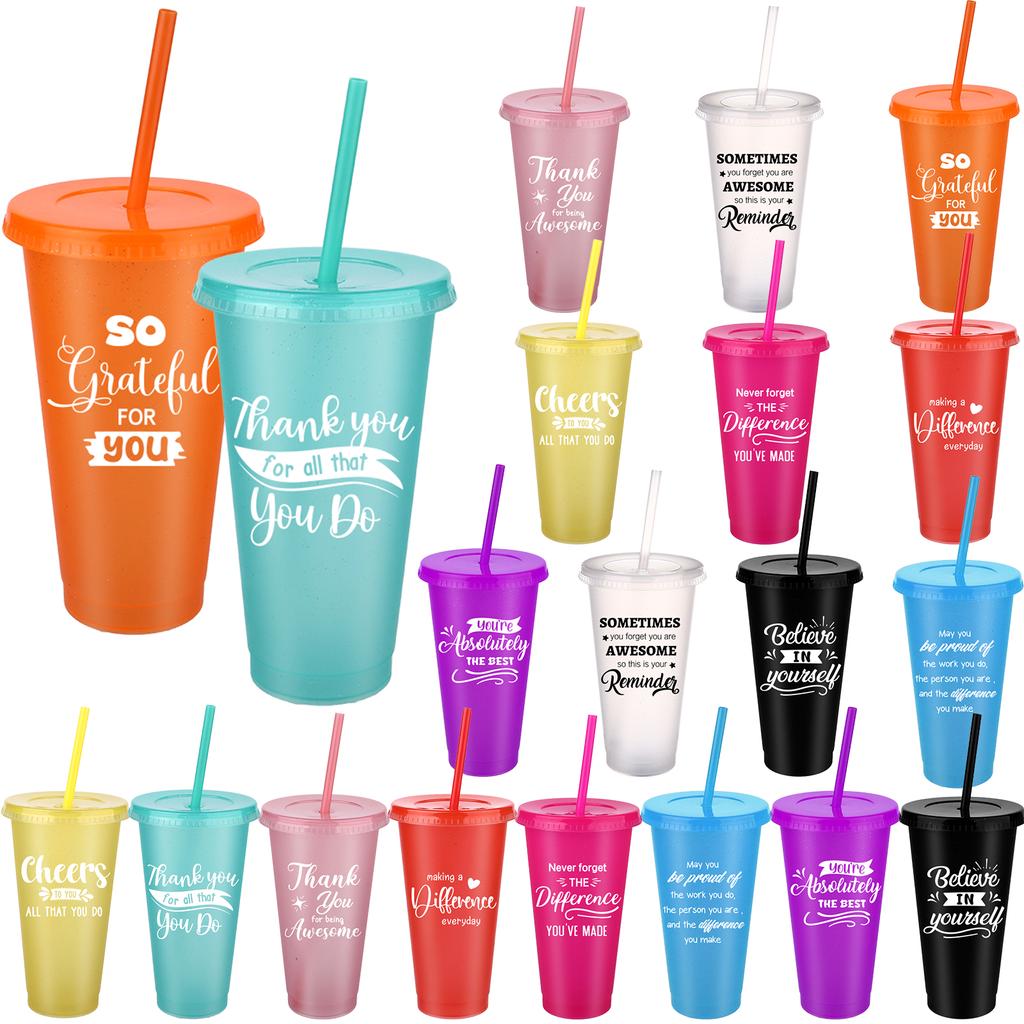 20 Unidades Copos Agradecimento Atacado 24 Oz Copos de Plástico Inspiradores Glitter Copos Reutilizáveis Com Palha E Tampa Água Café Gelado B