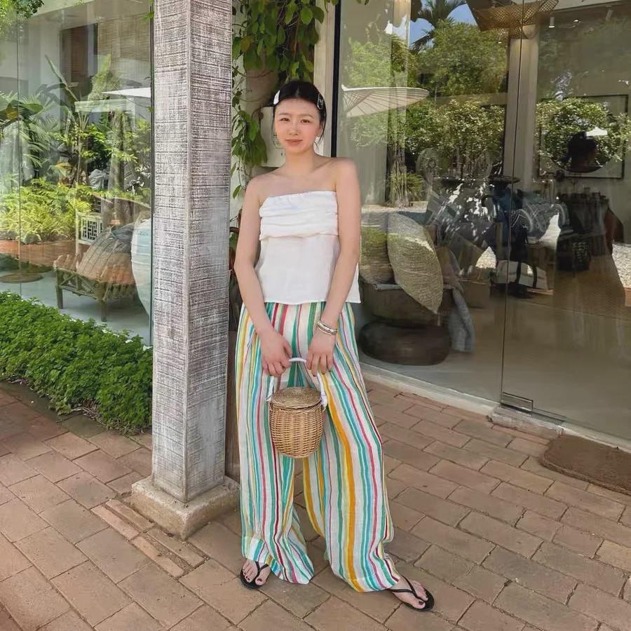 

Женские летние брюки 2024 года из тонкого материала Ramie Cool Rainbow Striped Small
