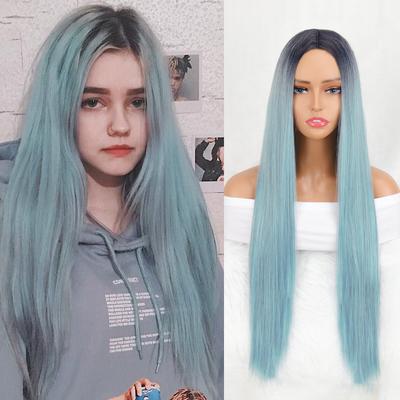Long Straight Ombre Black Blue Wig Without Bangs Synthetic Fiber Daily Wear Long Straight Wig for Women
