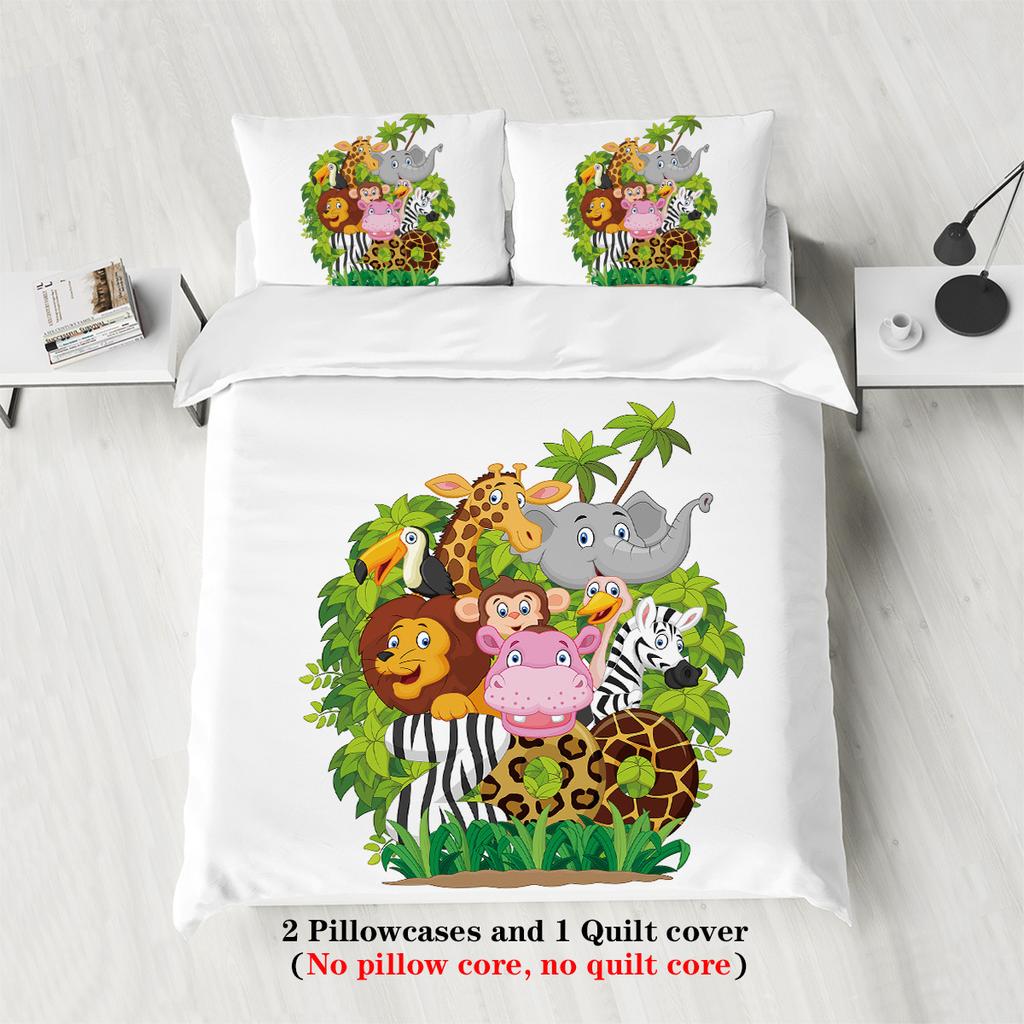 Zoo Duvet Cover Giraffe Lion Elephant Pattern Three-Piece Bedding Set