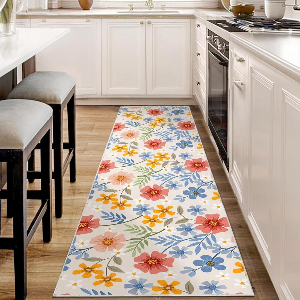 Tappeto Runner Floreale Colorato Vintage Stile Rustico Tappeto con Stampa Floreale Assorbente Antiscivolo Decorazione Ingresso Soggiorno Tappetino
