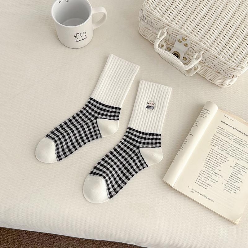 Koťátko Výšivka Kreslený Kostkovaný Středně dlouhé Dámské Ponožky - Preppy Styl Japonské Kostkované Pruhy pro Podzim/Zimu