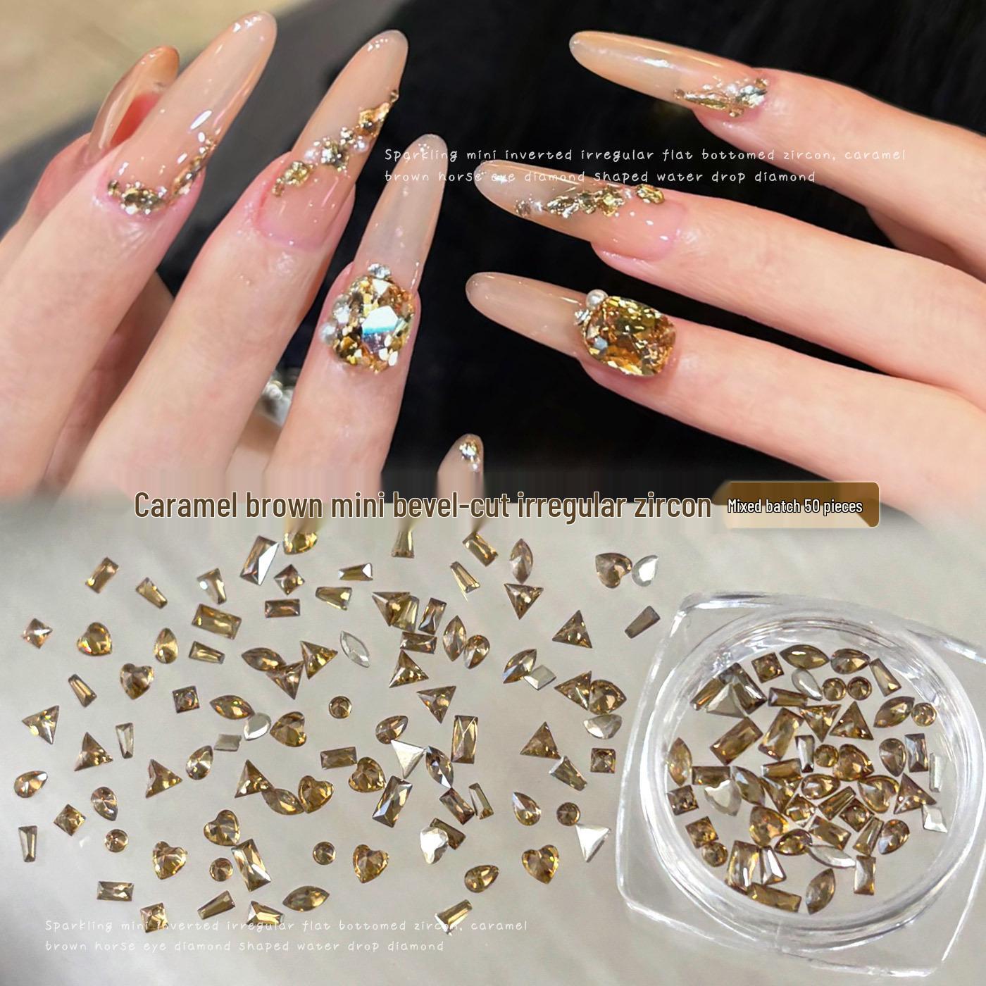 Caramel Brown Sparkling Zirconia Nail Art Decorations: Mini Marquise, Water Drop, and Heart Shapes