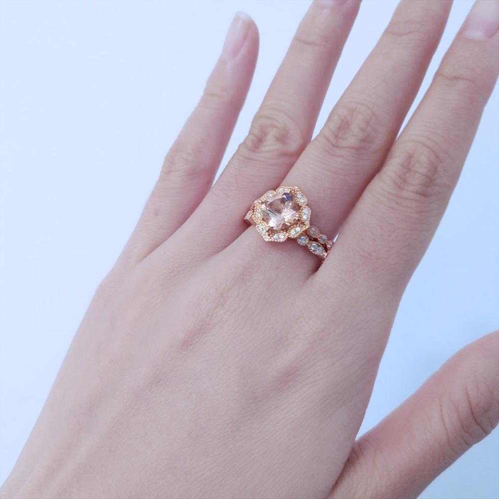 Set de inele florale rafinate 2-în-1 Nano Morganite, cadou pentru propunerea de Valentine, bijuterii pentru femeie