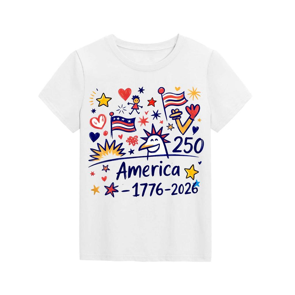 Fashionable Round Neck Short Sleeve Work Clothes Printed Tops For KID Summer Tops