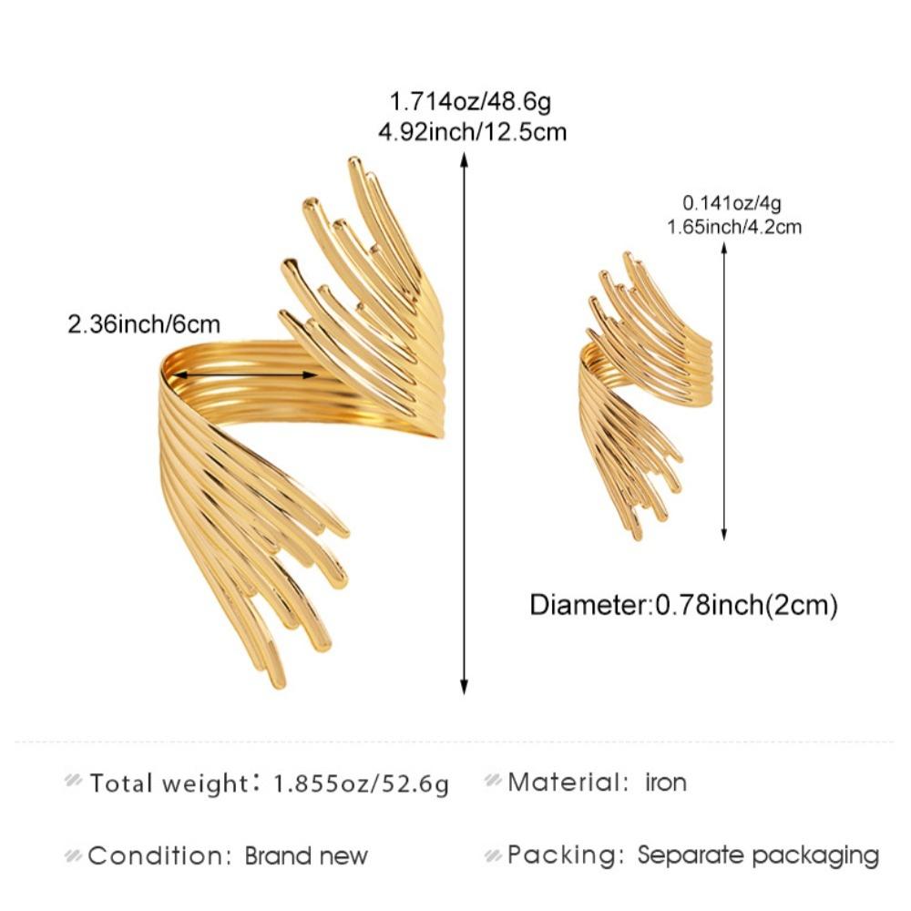 Exaggerated Personality Stainless Steel Feather Wings Open Bangles Rings Set for Women Fashion Designer Banquet Jewelry Gifts