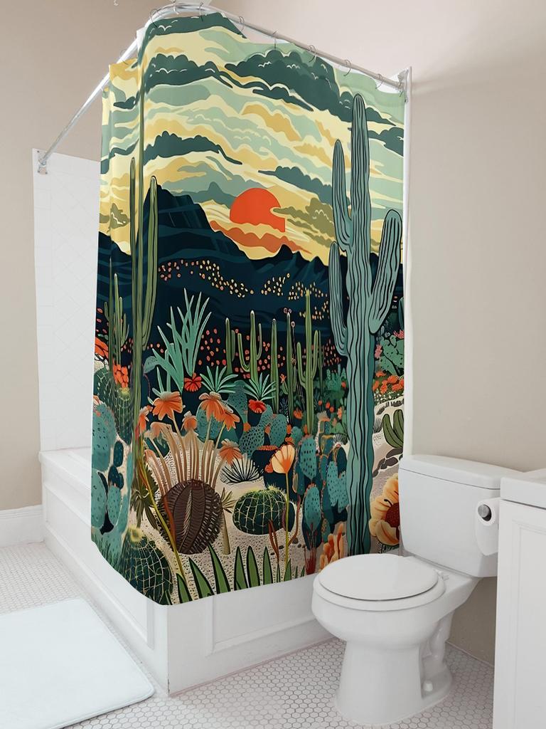 Desert Sunset Cactus Garden Shower Curtain - Artistic Landscape Home Decor For Bathroom Easy To Clean And Maintain Easy-Clean
