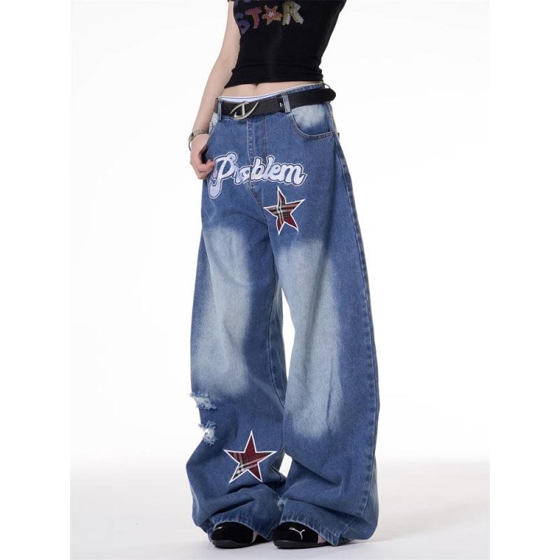 New letter and star embroidered gradient wide-leg jeans for women, loose, casual, versatile, textured, floor-length pants