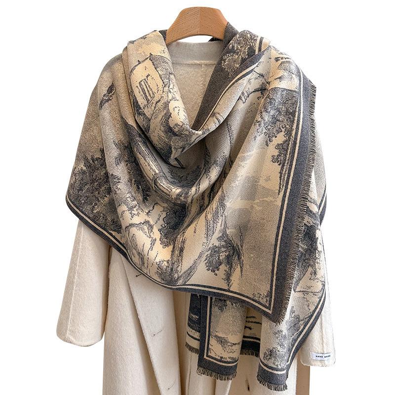 European Retro Oil Painting Landscape Painting Elegant Fashion High Sense Women Imitation Cashmere Warm Scarf