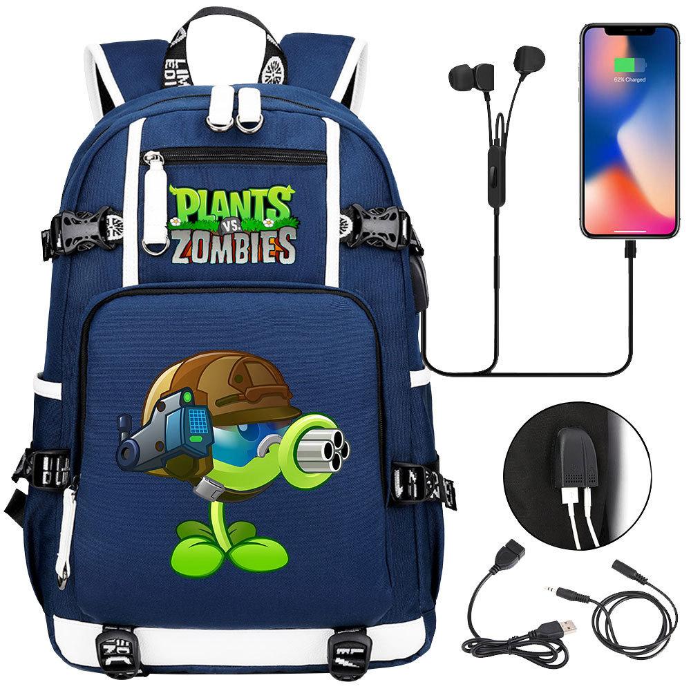 Plants vs Zombies USB-Kopfhörer Rucksack für Teenager Schüler Freizeit Reise Tagesrucksack Große Kapazität Laptop Tasche