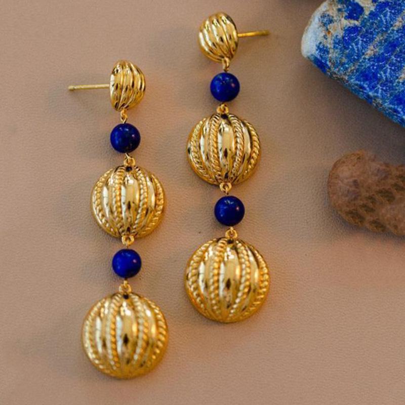 High Quality Long Earings Round Ancient Gold Craftsm Retro Lapis Lazuli Earrings for Women Fashion Exaggerated Wedding Jewelry