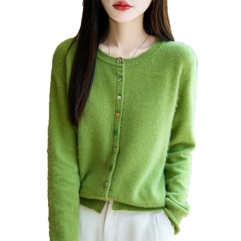 Women's Autumn 2025 Pure Wool Round Neck Cardigan - New Style Loose Knit Sweater