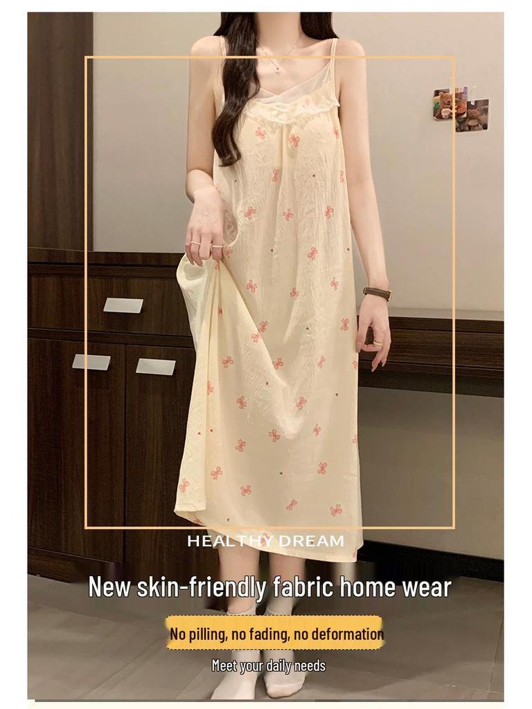 2026 Women's Cloud Cotton Spaghetti Strap Nightgown with Chest Pads, Sweet Long Dress for Home or Outdoors