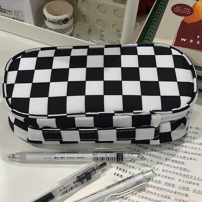 Capacity And Simple Large Black White Plaid Pencil Case Portable Canvas Material Pencil Bag School Office Supplies Stationery