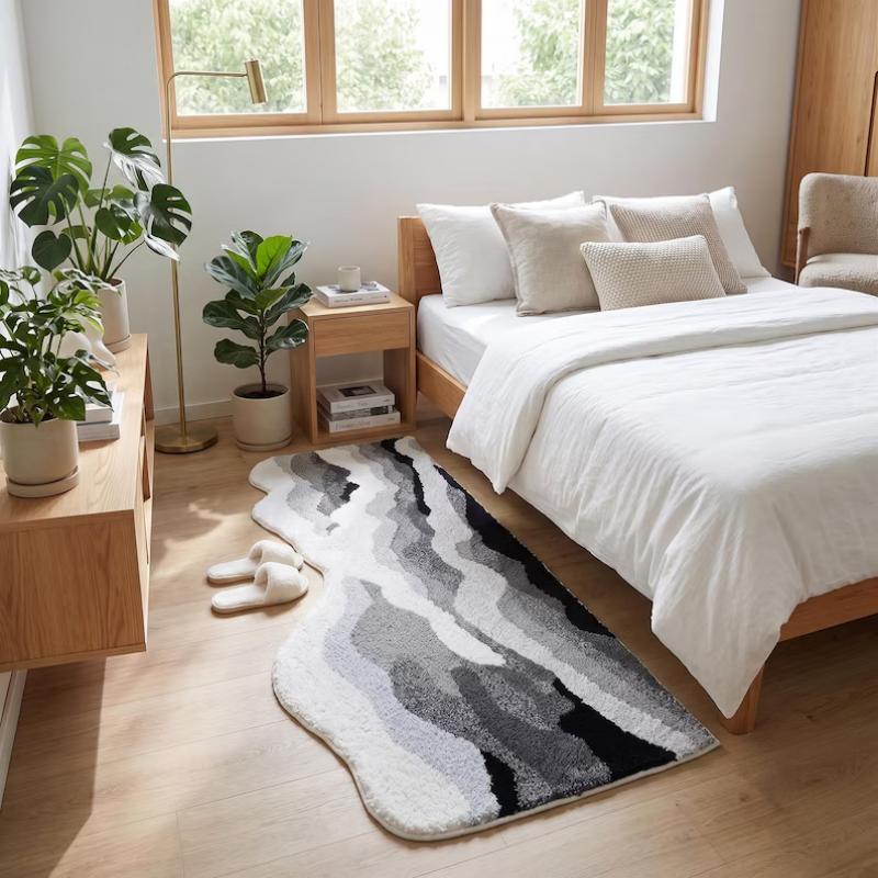 Black White Gray Abstract Wave Runner Rug Stain Resistant Easy Clean Floor Mat For Bedroom Bedside Living Room Home Decor