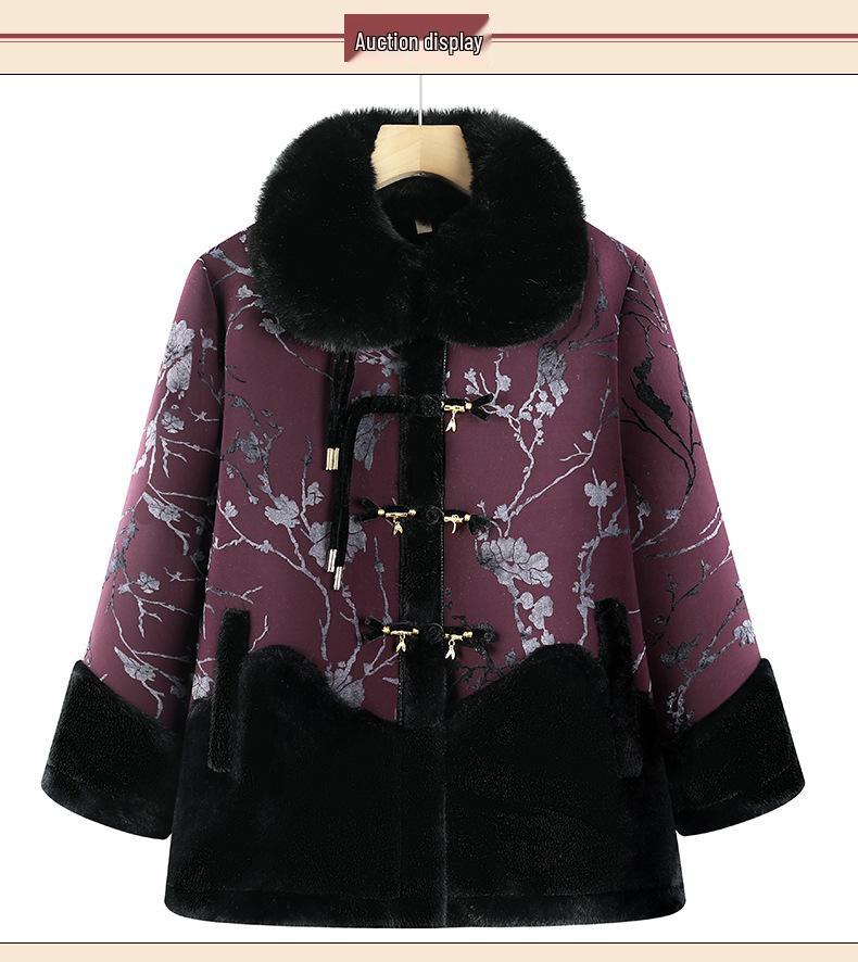Warm Winter Fleece Coat for Elderly Women - Fur Collar, All-in-One Design