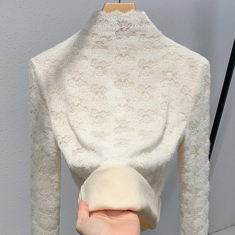 High Neck Base Shirt Women's Crochet Lace Shirt Warm Inner Layer with Thick Velvet Top