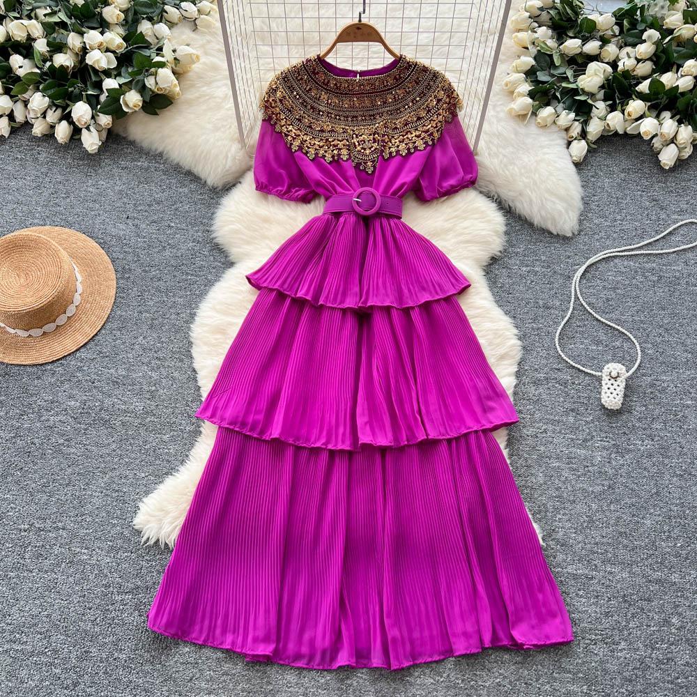 Court Style Light Luxury High-end Bubble Sleeve Dress Women's Summer Heavy Industry Sequin Design Beautiful Temperament Cake Dress
