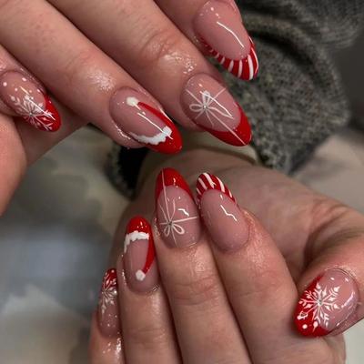 24 Stück Weihnachten Rot Französische Mandel Falsche Nägel Schneeflocke Weihnachtsmannmütze Design Press-On Nägel Für Frauen Feiertagsmaniküre