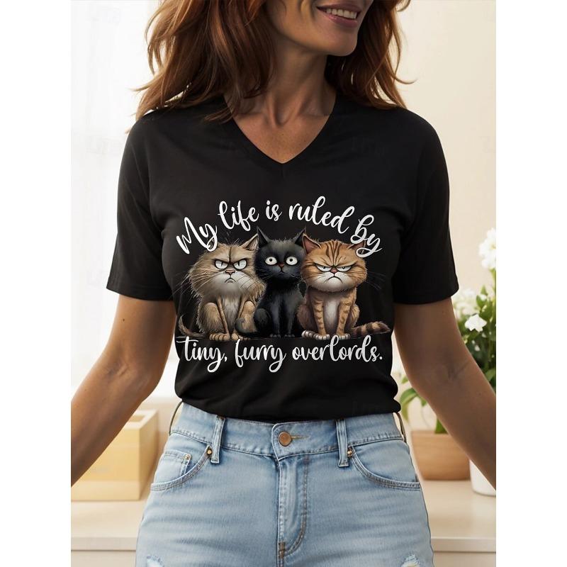Summer Women's T-Shirt Animal Cat Print Graphic T Shirts Fashion Casual Top Women Oversized V-Neck Women's Clothing
