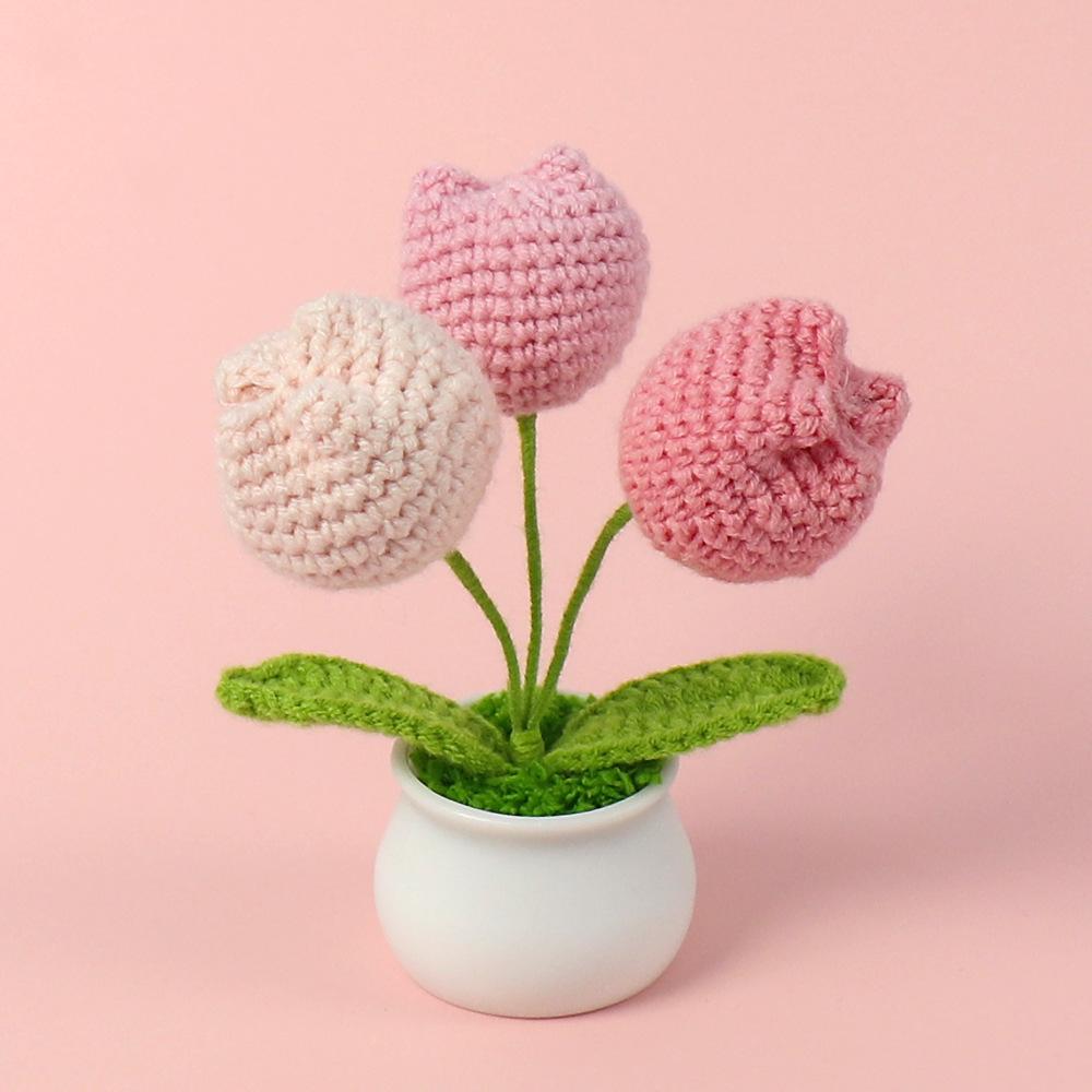 Hand-Knitted Wool Fake Flowers Set: Sunflower, Carnation, Tulip - Desktop Decor, Teacher/Student Gift, Everlasting Bouquet