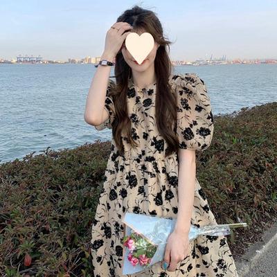 Damen Sommer Midi Kleid mit hohem Bund und floralen Puffärmeln