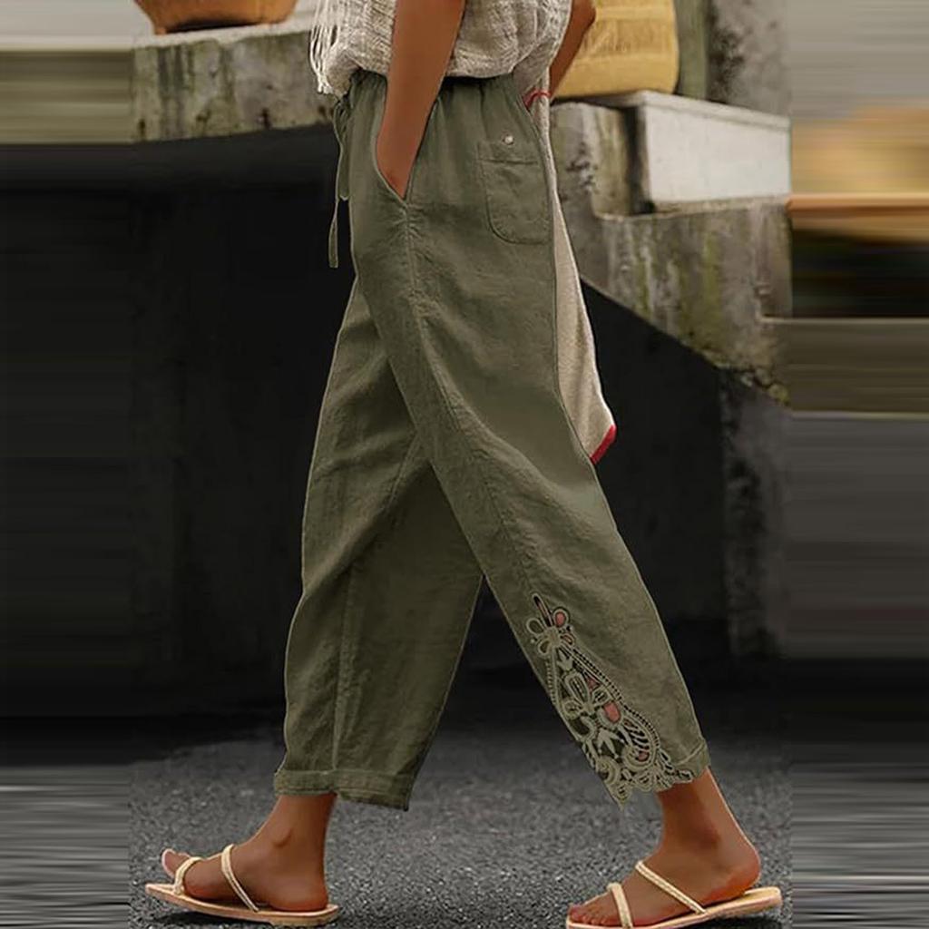 Dame Casual Ensfarget Blonder Spleising Design Høy Midje Snøring Lomme Ni Minutters Bukser