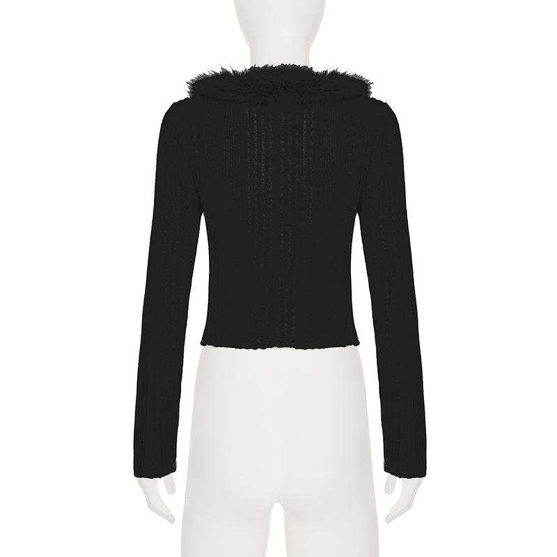 European and American Casual Fur Collar Zipper Knit Cardigan Sweater for Women