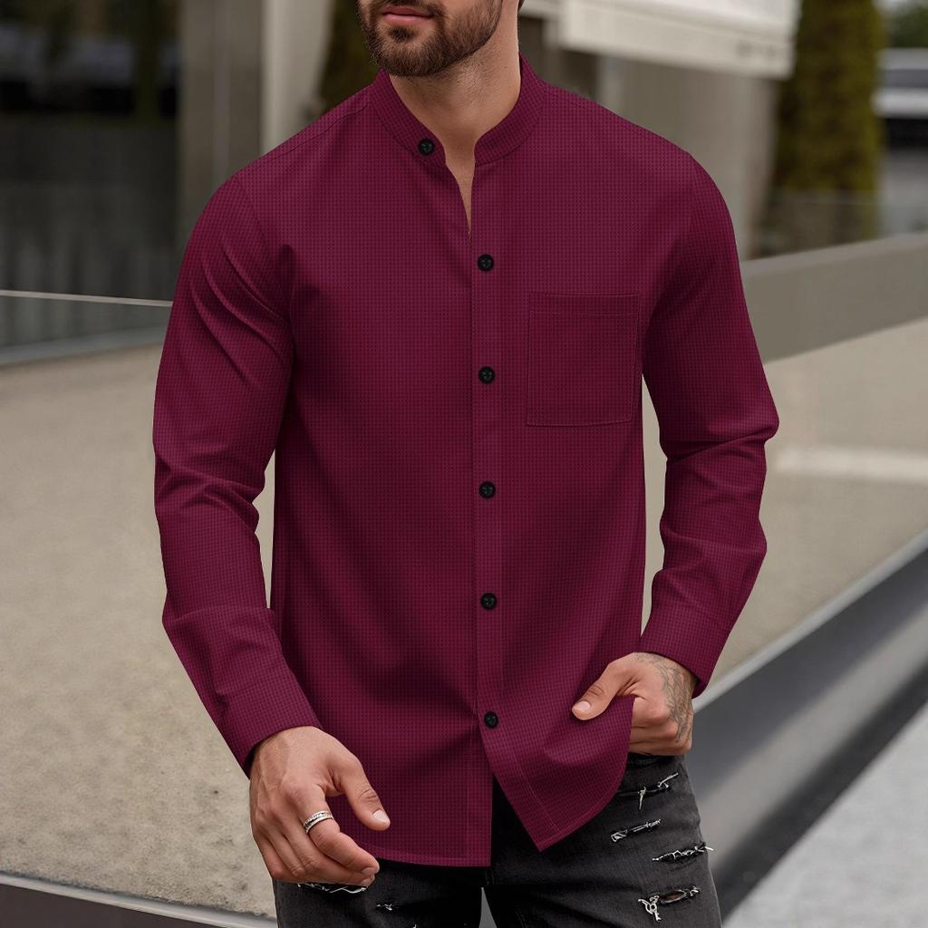 Heren Nieuwe Stijl Effen Wafelpatroon Knopen-Down Opstaande Kraag Lange Mouwen Shirt Casual Top