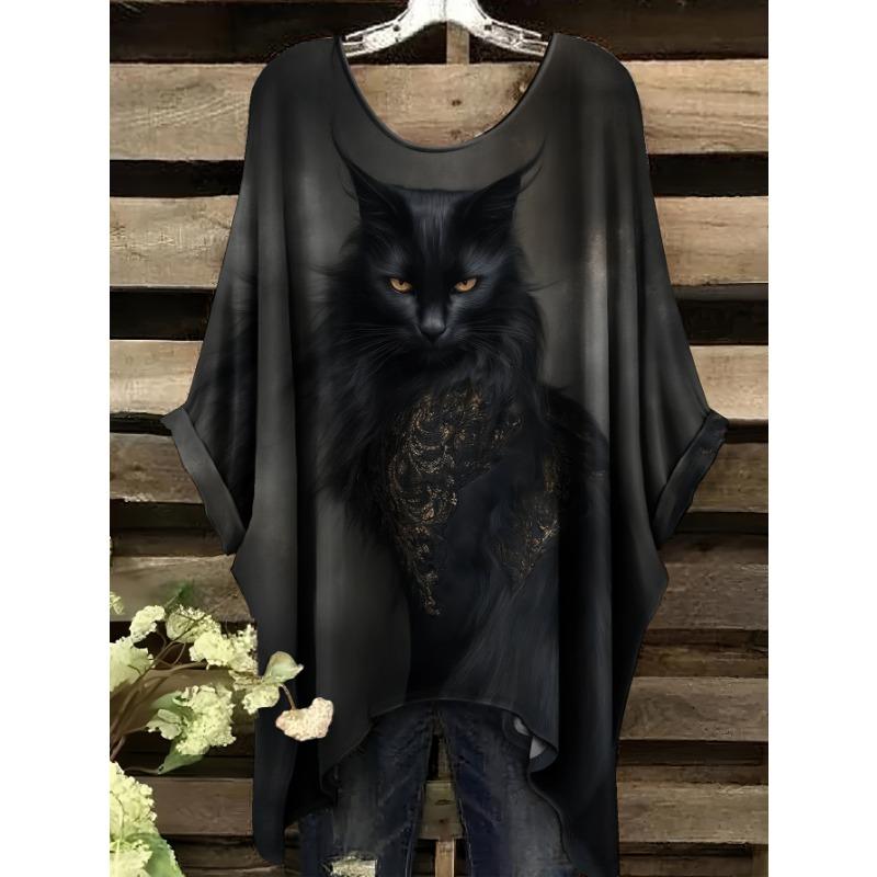 Plus Size Women's Casual Dolman Sleeve T-Shirt - Dark Night Cat Shadow Print, Loose Round Neck, Machine Washable Comfort Top for All Seasons