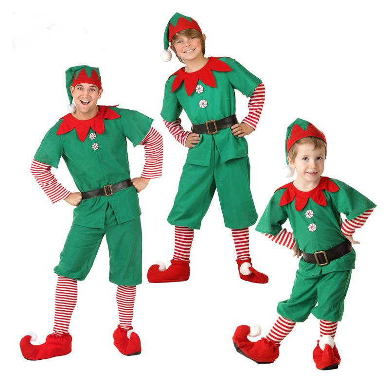 Girls Boys Christmas Santa Claus Costume Green Elf Cosplay Family Carnival Party Halloween Fancy Dress Clothes Set For Men Women