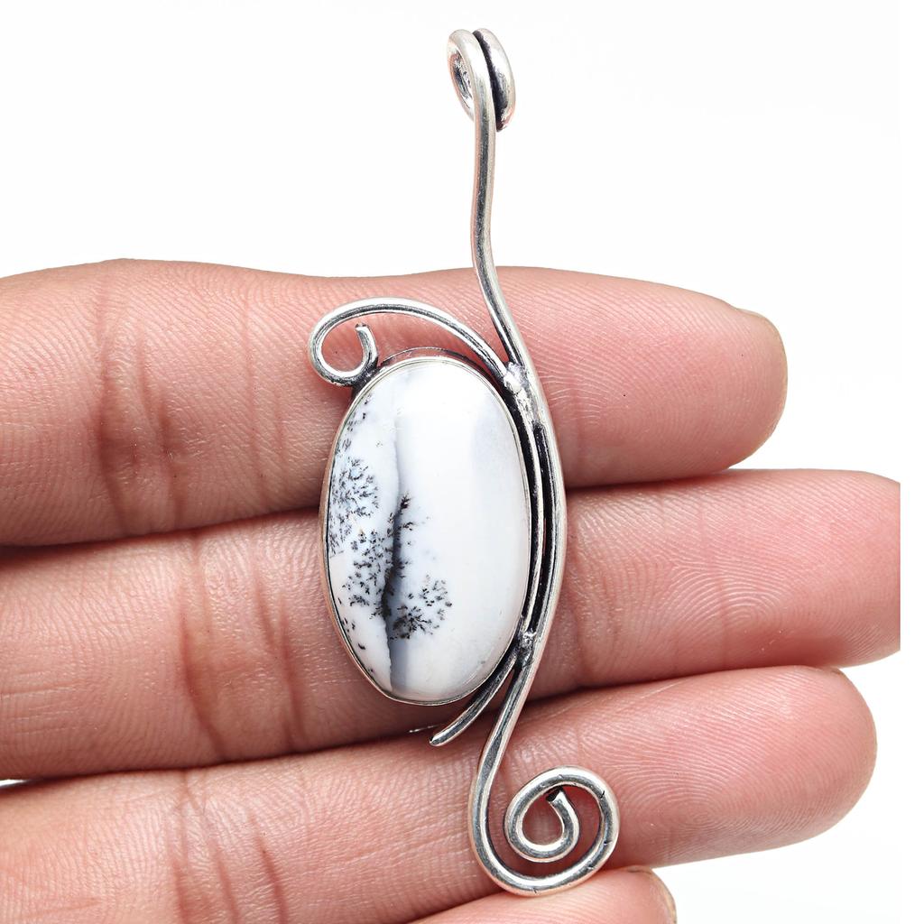 Pendant Dendritic Opal Gemstone Valentine'Day Ethnic Silver Jewelry 1.5"