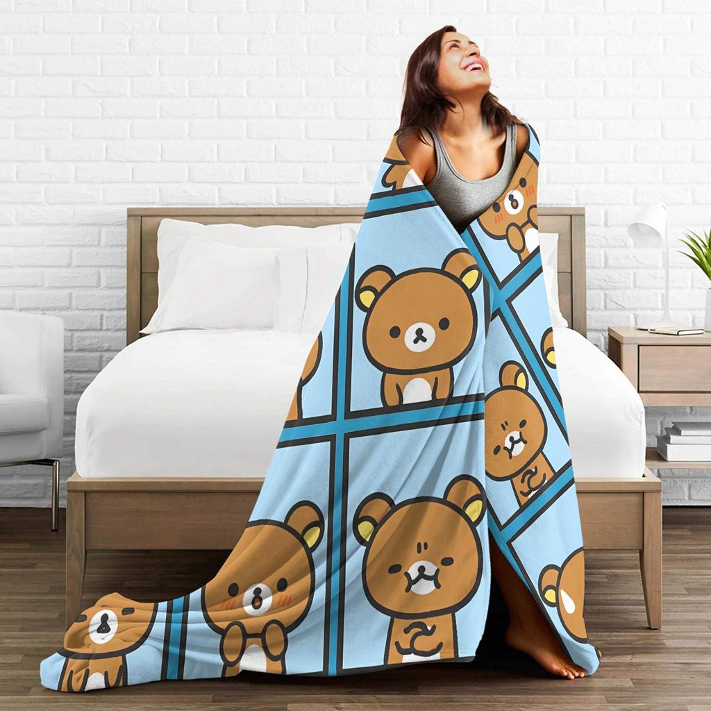 Cute Bear Rilakkumas Flannel Blanket Winter  Warm Throw Blanket for Kids Adult Bedroom Funny Bedspread Sofa Bed Cover