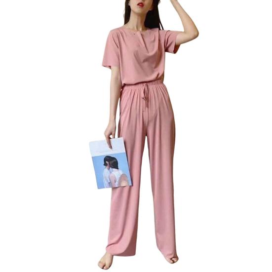 Casual Ice Silk Pajama Set with Round Neck T-shirt and Wide Leg Trousers