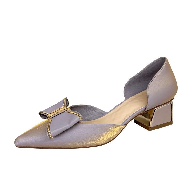 

2025 spring and summer new shallow single shoes Korean version bow fairy high heels pointed thick heel temperament professional women s shoes 39 світло-фіолетового кольору