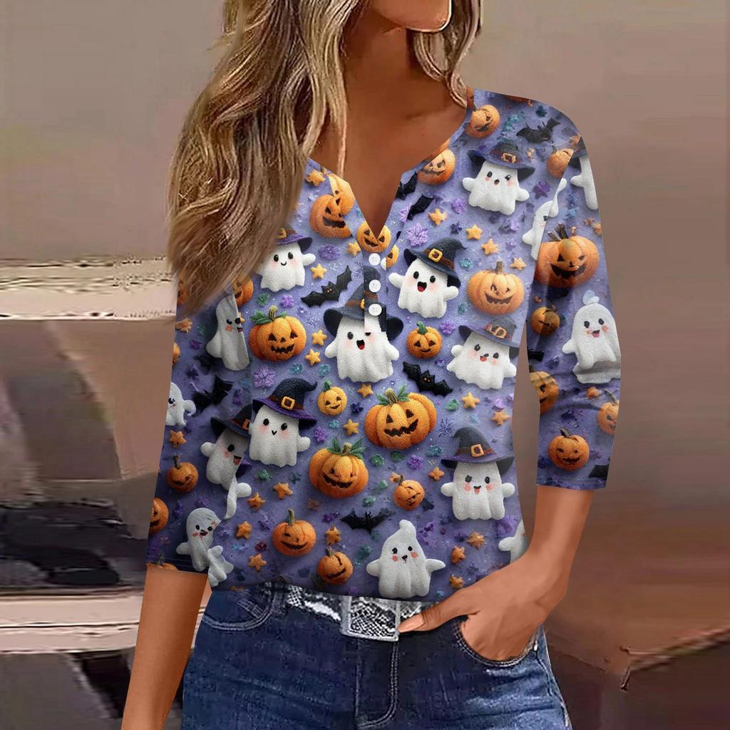 Women's T Shirt Tee Halloween Printed Button 3/4 Sleeve Tunic Daily Weekend Fashion Basic V- Neck Regular Top