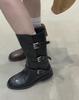 Sheepskin version~ Retro thick-heeled medium boots for women wear folded leather boots, thin knight boots, belt buckle short boots