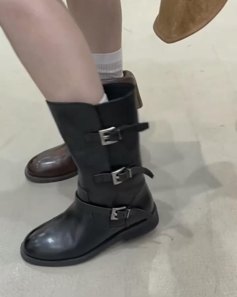 Sheepskin version~ Retro thick-heeled medium boots for women wear folded leather boots, thin knight boots, belt buckle short boots