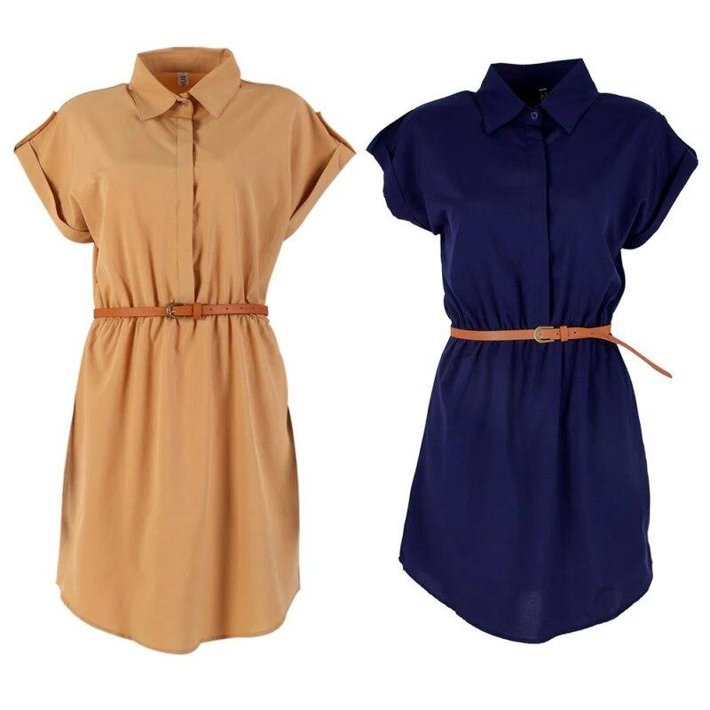 Abito da donna a-line in chiffon, moda casual, manica corta, abito OL con abiti a cintura