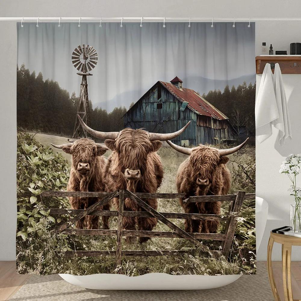 Highland Cow Shower Curtain Farmhouse Funny Bull Rustic Western Watercolor Spring Florral Cute Animal Plant Kids Bathroom Decor
