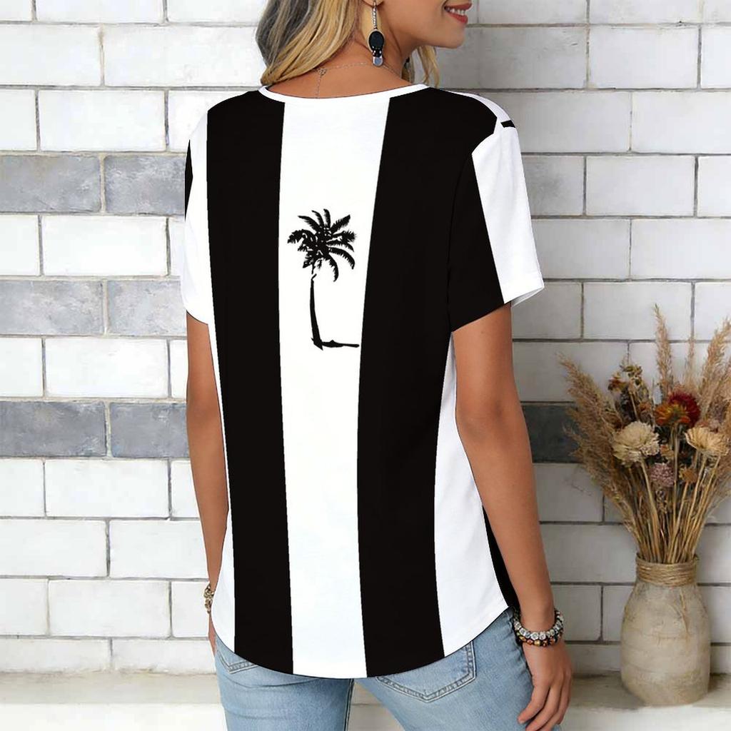 Women Blue Ocean Coconut Palm Beach Print Short Sleeve V Neck Blouse