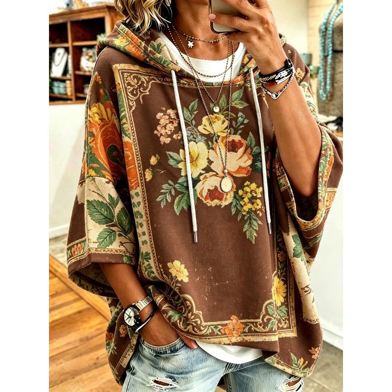 Women's Hooded Sweatshirt Retro Oil Painting Floral Border Print