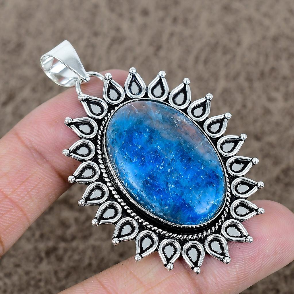 Neon Blue Apatite Gemstone 925 Sterling Silver Jewelry Pendant 2.48" KKG-739