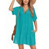 Women's Fashion Smock Casual Short-sleeved V-neck T-shirt Dress Holiday Beach Dress