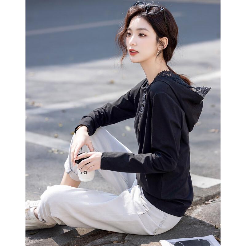 Demana Simple Hooded Lace Trim Long-Sleeve T-Shirt M